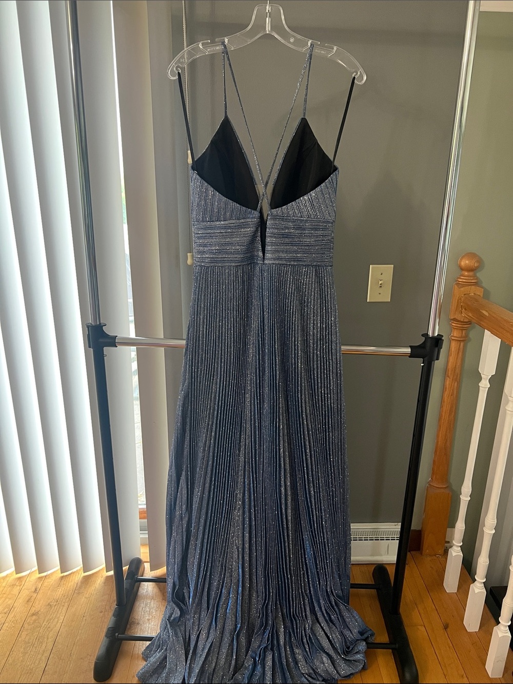 Mac Duggal Metallic Navy Pleated Deep V Evening Gown - Picture 7 of 9